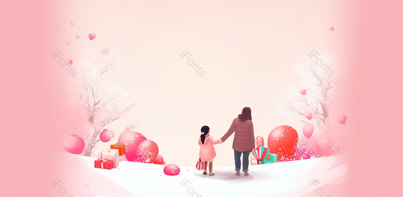 下雪天户外牵手粉色插画温情时刻母亲节活动展板背景,插画/手绘图,插画/手绘图库,插画/手绘图下载,插画/手绘